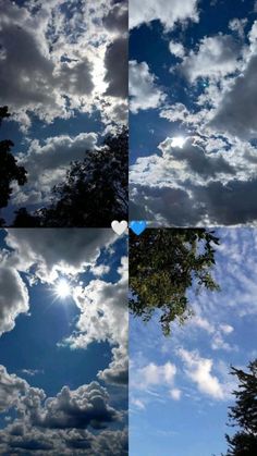 the sky is filled with white clouds and blue heart shaped balloons in it's center