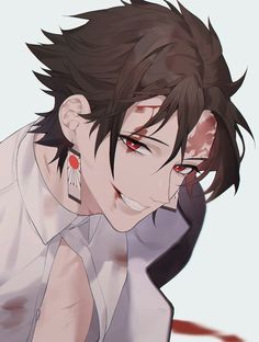 an anime character with black hair and red eyes