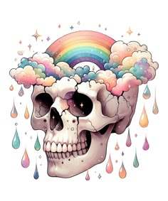 a skull with clouds and rainbows on its head