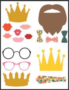 a set of paper cut outs with different types of crowns, glasses and lips on them