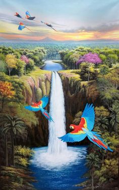 two parrots flying over a waterfall in the middle of a tropical landscape with trees and water