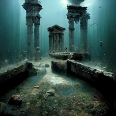 an underwater scene with columns and pillars in the water, surrounded by seaweeds