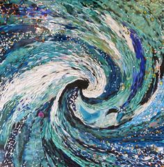 an abstract painting with blue, white and green colors on the bottom half of it