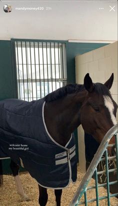 a horse wearing a blanket standing in a stable