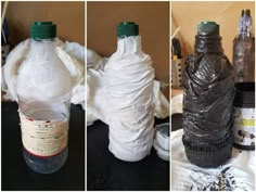 three different views of plastic wrapped bottles on the same table, one is white and the other is black