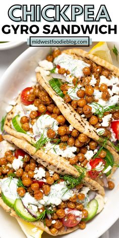 chickpea gyro sandwich with cucumber and tomatoes