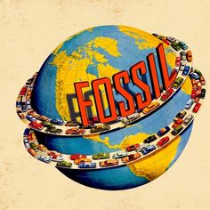 the word fossil surrounded by cars on top of a globe