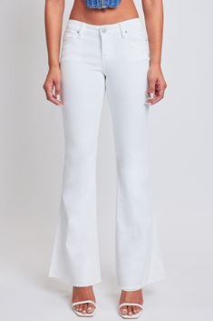 Step out in style with our Juniors Low Rise Frayed Flares. Fitted at the waist and hips with a bellbottom leg opening. Perfect for casual and dressy occasions alike. Rock these pants with confidence and show off your unique fashion sense. You'll be the talk of the town (in a good way, of course)!Product Details:- Low Rise- 1-Button Closure with Zipper- Bellbottom Flare Leg opening- Frayed Hems with diagonal seam detailSize & Fit (based on size 5):- Inseam: 33"- Rise: 8.5"- Leg Opening: 23"- Mode Summer Denim Fitted Flares, Trendy Summer Full-length Flares, Trendy Cotton Bottoms With Flared Hem, Trendy Cotton Flares With Flared Hem, High Rise Stretch Cotton Flares, Chic Denim Bottoms With Flared Hem, Chic Denim Flared Hem Bottoms, Chic Flared Hem Denim Bottoms, Chic Denim Flared Bottoms