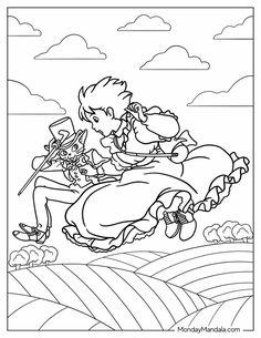 a coloring page with two people riding on a horse in the sky and clouds above them