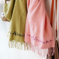 This custom embroidered scarf is a perfect personalized gift, featuring your chosen name or initials delicately stitched for a unique touch. Made from soft, cozy fabric, it's ideal for keeping warm while adding a personal style statement to any outfit. Great for gifting on special occasions! Luxury Embroidered Scarves For Women, Luxury Elegant Embroidered Scarf, Multicolor Embroidered Shawl Scarves, Multicolor Embroidered Shawl Scarf, Red Embroidered Shawl Scarf, Embroidered Scarf, Cozy Fabric, Scarf Gift, Style Statement