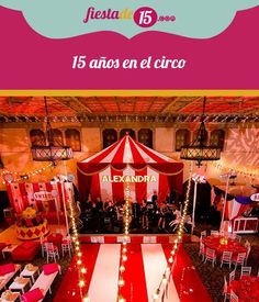 an event with red and white striped carpeting, tables set up in front of a circus tent