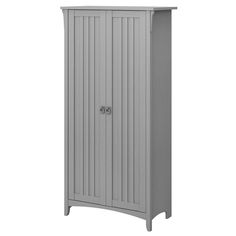 a tall gray cabinet with two doors on the front and one door open to reveal a drawer