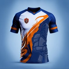 an orange and blue soccer jersey with a helmet on the front, sitting against a blue background