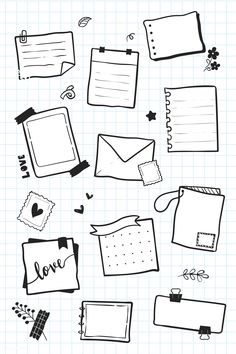 hand drawn doodles on lined paper with hearts, notes and other things to write