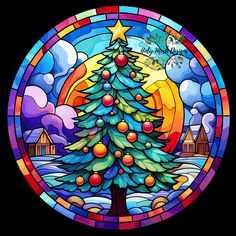 a stained glass window with a christmas tree