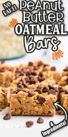 peanut butter oatmeal bars with chocolate chips on top and text overlay