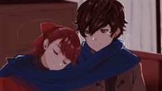 two people are hugging each other in an anime style scene, one is wearing a blue scarf and the other has red hair