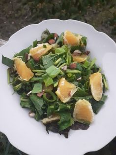 a white plate topped with oranges and greens