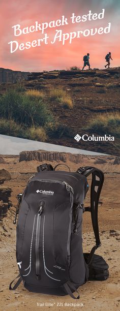 a backpack sitting on top of a dirt field next to a sign that says backpack tested desert approved