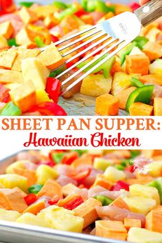 sheet pan supper hawaiian chicken with fresh cut vegetables and a spatula being used to stir the food