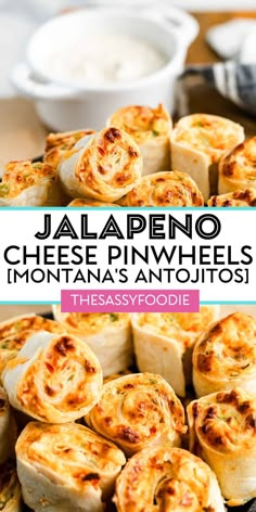 there is a plate with some food on it and the words jalapeno cheese pinwheels