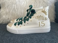 Quince Custom Shoes, Sage Green Quince Shoes, Light Green Quince Theme, Shoes For Quinceanera, Emerald Green And Gold Quince, Sage Quinceanera Theme, Green And Gold Quinceanera, Emerald Quinceanera Theme, Decorated Sneakers