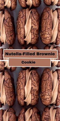 nutella - filled brownie cookies are stacked on top of each other with chocolate frosting