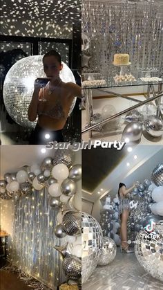 a woman taking a selfie in front of balloons and disco balls