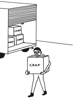 a man holding a box with the word crap on it