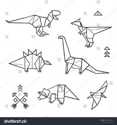 an origami dinosaur and other geometric shapes