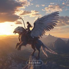 a woman riding on the back of an eagle in front of a mountain range at sunset