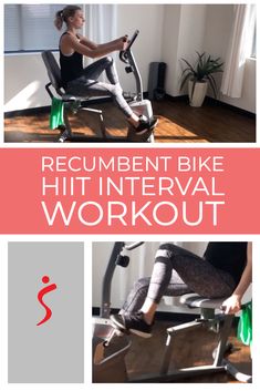 a woman sitting on an exercise bike with the words, recumbent bike hit intervals workout