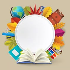 an open book surrounded by autumn leaves and other items in the shape of a circle