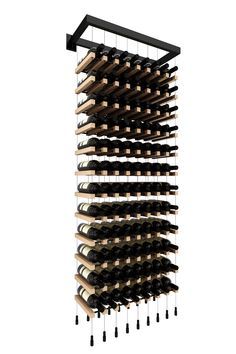 a wine rack with many bottles hanging from it's sides and two rows of wine in the middle