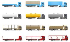 the flatbed trucks are all different colors and sizes, including blue, yellow, red, green, white