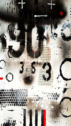 an abstract painting with black and red paint on it's sides, including numbers