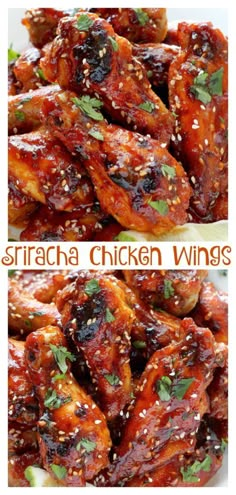 two pictures of chicken wings with sesame seeds on top and the words sriraca chicken wings