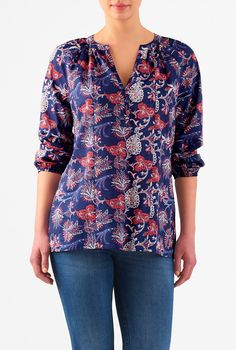 A banded, split neckline detailed with ruching and short rouleau-button front closure tops our floral print top in a tunic style. Sporty Crop Top, Shop Tops, Tops Casual, Black Women Fashion, Womens Fashion For Work, Dresses Women, Exposed Brick, Shop Interior, Fashion Over 40