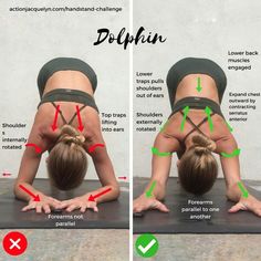 a woman doing yoga poses on a mat with the instructions to do it in different positions