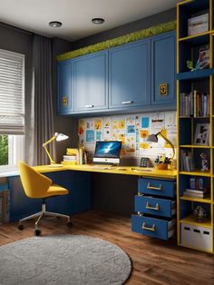 a home office with blue cabinets and yellow accents