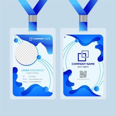 two id cards with blue water splashes on the front and back, one is blank