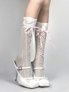 Elevate your outfit with our exquisitely designed socks, featuring a charming hollow-out pattern. Adorned with delicate bows and elegant lace-up decorations, these socks add a touch of sophistication to any ensemble. The cuffs are beautifully trimmed with intricate lace, enhancing their overall aesthetic appeal.Perfect for adding a whimsical and stylish touch to your wardrobe, these socks are a must-have for any fashion enthusiast.  Please note, the price is for one pair of socks only. Thigh High Aesthetic, Thigh High Socks Aesthetic, Fairy Socks, Types Of Socks, Coquette Accessories, Elegant Socks, Steampunk Fashion Female, Lace Drawing, Socks Aesthetic