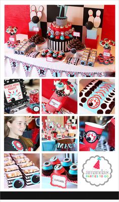 a collage of photos with mickey and minnie mouse themed desserts on it's table