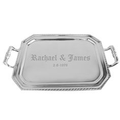 a silver tray with the name rachel and james engraved on it's front side