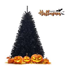 a black christmas tree with pumpkins around it and the words happy halloween written below