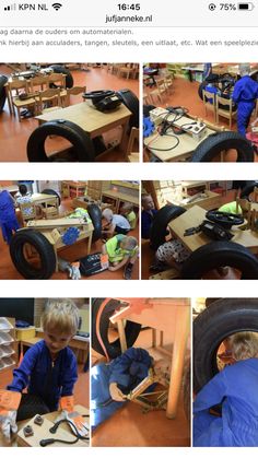 several pictures of children working on furniture made from old tires