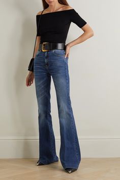 Alexander McQueen's denim jeans have flared legs and a faded wash that create an authentic vintage feel. Complement the inky wash with a black top and accessories. Jeans Feminine Outfit, Flare High Rise Jeans Outfit, Denim Flare Jeans Outfit, Flare Jeans Outfit Ideas, Flare Jeans Outfit Winter, Flair Jeans Outfit, Flare Jean Outfit, Bootcut Jeans Outfit, Flare Jeans Style