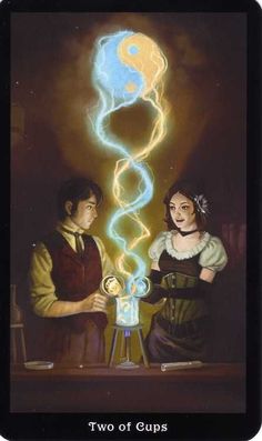 two people standing next to each other in front of a lit up object with the word, two of cups on it