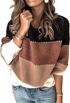 Angashion Women's Sweaters Casual Long Sleeve Crewneck Color Block Patchwork Pullover Knit Sweater Tops Black S at Amazon Women’s Clothing store Oversized Sweater Women, Winter Pullover, Knit Bottom, Estilo Chic, Round Neck Sweaters, Knitted Pullover Sweaters