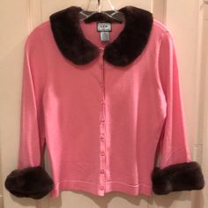 Never Worn. Size Medium But Fits Size 4-6. 76% Silk Pink Fur Collar Cardigan, Pink Sweater, Sweaters For Women, Womens Sizes, Collar, Silk, Pink, Women Shopping, Color